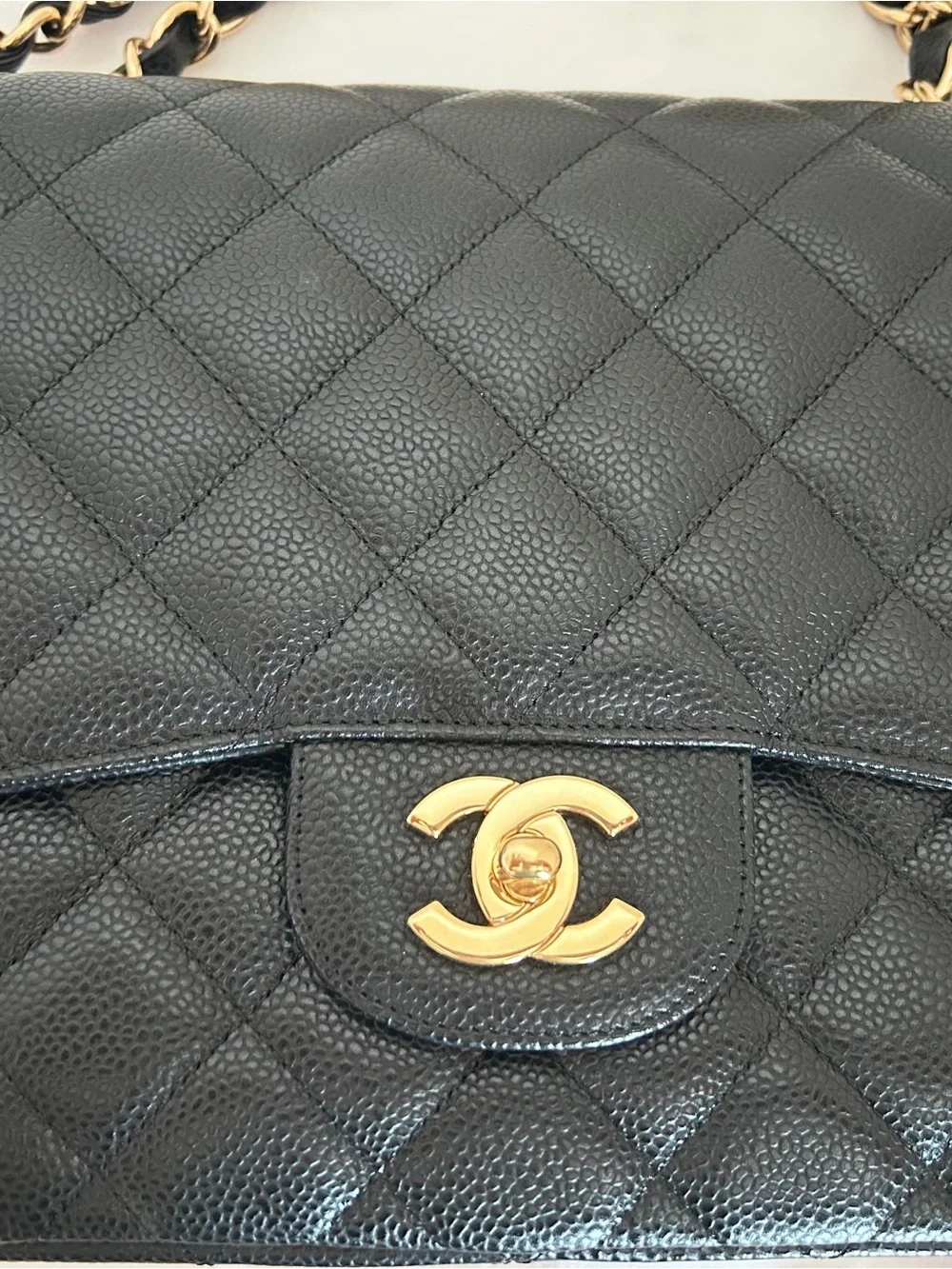 CHANEL vintage Black Jumbo Single Flap Caviar Leather Shoulder Bag with Gold